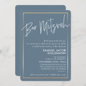 バー(ユダヤ教の)バル・ミツバーシンプルグミニマルモダンレイ青枠 招待状 (正面/裏面)