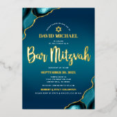 バー(ユダヤ教の)バル・ミツバーターコイズグラデーションAgateスクリプ実在ト金ゴールド 箔招待状 (正面)