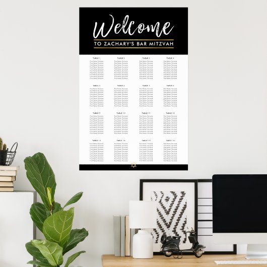 バー(ユダヤ教の)バル・ミツバーテーブルプラン16テーブル黒モダン色 ポスター (ホームオフィス)
