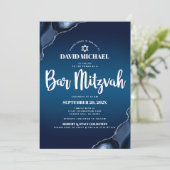 バー(ユダヤ教の)バル・ミツバーネイビーブルーグラデーションアゲートモダンスクリプト 招待状 (スタンド正面)