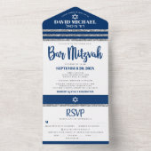 バー(ユダヤ教の)バル・ミツバーネイビーブルーシルバータルライトスクリプモダント オールインワン招待状 (内側)