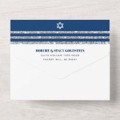 バー(ユダヤ教の)バル・ミツバーネイビーブルーシルバータルライトスクリプモダント オールインワン招待状 (裏面)