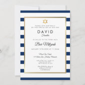 バー（ユダヤ教の）バル・ミツバーネイビーブルーホワイトストライプ金ゴールド 招待状 (正面)