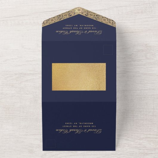バー(ユダヤ教の)バル・ミツバーネイビーブルー金ゴールドエレガントスクリプトヴィンテージ オールインワン招待状 (外側)