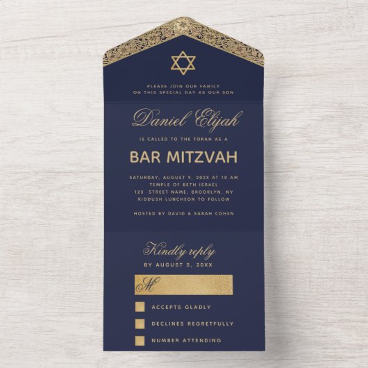 バー(ユダヤ教の)バル・ミツバーネイビーブルー金ゴールドエレガントスクリプトヴィンテージ オールインワン招待状 (内側)