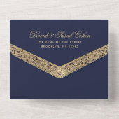 バー(ユダヤ教の)バル・ミツバーネイビーブルー金ゴールドエレガントスクリプトヴィンテージ オールインワン招待状 (裏面)