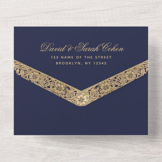 バー(ユダヤ教の)バル・ミツバーネイビーブルー金ゴールドエレガントスクリプトヴィンテージ オールインワン招待状 (裏面)