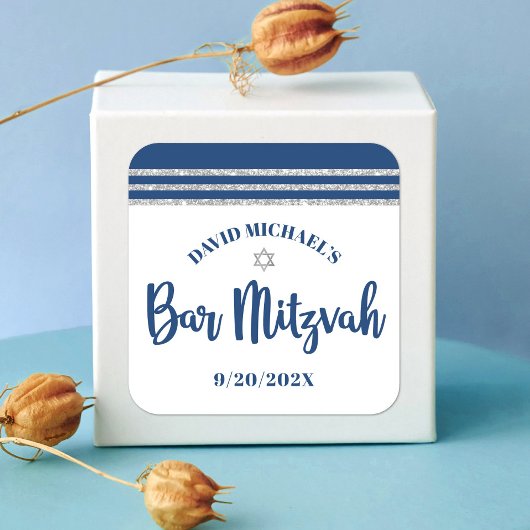 バー(ユダヤ教の)バル・ミツバーネイビーモダンブルーシルバータルライトスクリプト スクエアシール