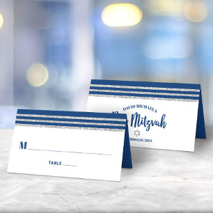 バー（ユダヤ教の）バル・ミツバーネイビーモダンブルーシルバータルライトスクリプト プレイスカード