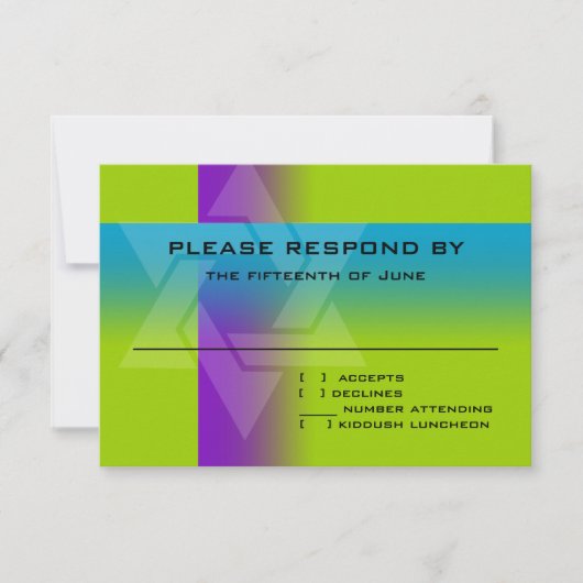 バー（ユダヤ教の）バル・ミツバーパープルとターコイズオン任意の色 出欠カード (正面)