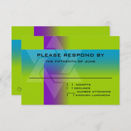 バー（ユダヤ教の）バル・ミツバーパープルとターコイズオン任意の色 出欠カード (正面/裏面)