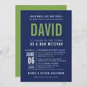 バー(ユダヤ教の)バル・ミツバーブはっきりしたロック型ネイビーブルー 招待状 (正面/裏面)