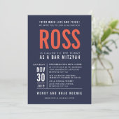 バー（ユダヤ教の）バル・ミツバーブはっきりしたロック型ネイビーモダンオレンジ赤 招待状 (スタンド正面)