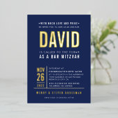 バー（ユダヤ教の）バル・ミツバーブモダンロック型ネイビー金ゴールド 箔招待状 (立ち正面)