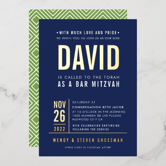 バー（ユダヤ教の）バル・ミツバーブモダンロック型ネイビー金ゴールド 箔招待状 (正面/裏面)