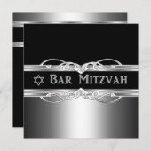 バー（ユダヤ教の）バル・ミツバーブラックシルバーメタルボーイ 招待状 (正面/裏面)