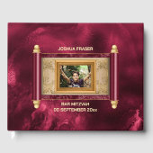 バー(ユダヤ教の)バル・ミツバーブルゴーニュ大理石金ゴールドスクロール写真シック ゲストブック (正面)