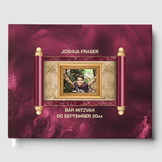 バー(ユダヤ教の)バル・ミツバーブルゴーニュ大理石金ゴールドスクロール写真シック ゲストブック (正面)