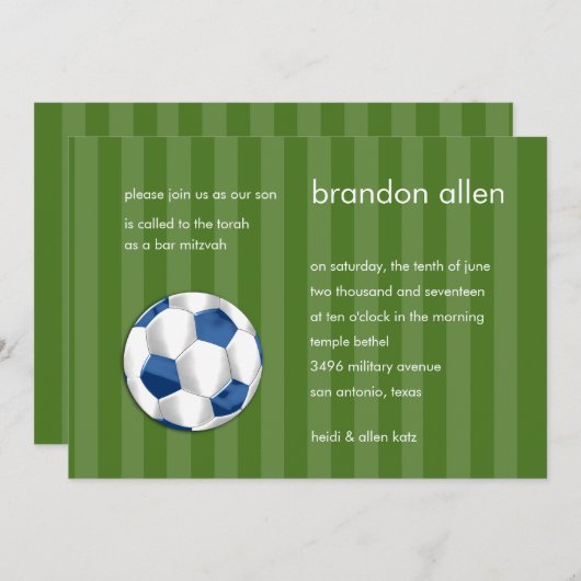 バー(ユダヤ教の)バル・ミツバーブルーアンドホワイトサッカーボール 招待状 (正面/裏面)