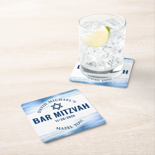 バー（ユダヤ教の）バル・ミツバーブルーフォイルネイビータイポグラフィモダンはっきりした スクエアペーパーコースター (インサイチュ)