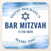 バー（ユダヤ教の）バル・ミツバーブルーフォイルネイビータイポグラフィモダンはっきりした スクエアペーパーコースター (正面)