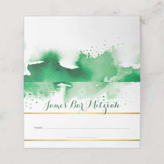 バー(ユダヤ教の)バル・ミツバーモダングリーンウォーター色金ゴールドフォイルスター プレイスカード (外部開封)