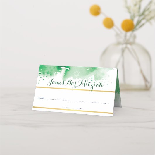 バー（ユダヤ教の）バル・ミツバーモダングリーンウォーター色金ゴールドフォイルスター プレイスカード (正面)