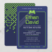バー(ユダヤ教の)バル・ミツバーモダンゲーマーコントロール海軍ネオングリーン2 招待状 (正面/裏面)