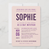 バー（ユダヤ教の）バル・ミツバーモダンシック型ナス赤面ピンク 招待状 (正面)