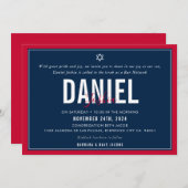 バー（ユダヤ教の）バル・ミツバーモダンスポーツボーイはっきりしたレッド・ネイビー 招待状 (正面/裏面)