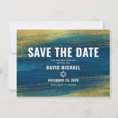 バー(ユダヤ教の)バル・ミツバーモダンタイポグラフィターコイズゴールドフォイル セーブザデート (正面)