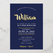 バー(ユダヤ教の)バル・ミツバーモダンタイポグラフィ書道ネイビー 箔招待状 (正面)