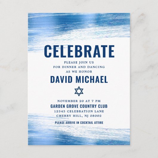 バー（ユダヤ教の）バル・ミツバーモダンネイビはっきりしたータイポグラフィブルーフォイル エンクロージャーカード (正面)