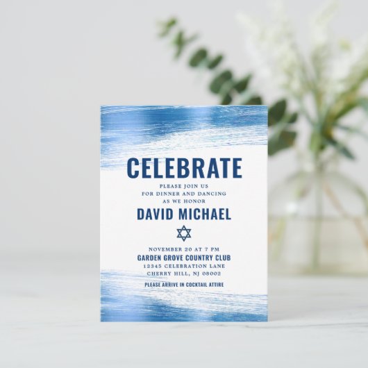 バー（ユダヤ教の）バル・ミツバーモダンネイビはっきりしたータイポグラフィブルーフォイル エンクロージャーカード (スタンド正面)