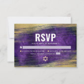 バー（ユダヤ教の）バル・ミツバーモダンパープルウォーターカラーゴールドフォイル 出欠カード (正面)