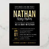 バー（ユダヤ教の）バル・ミツバーモダンブはっきりしたロック型ブラックレッド金ゴールド 箔招待状 (正面)