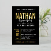 バー（ユダヤ教の）バル・ミツバーモダンブはっきりしたロック型ブラックレッド金ゴールド 箔招待状 (立ち正面)