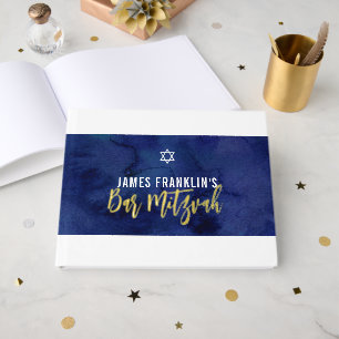 バー(ユダヤ教の)バル・ミツバーモダンブルーウォーター金ゴールド書ズ ゲストブック