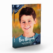 バー（ユダヤ教の）バル・ミツバーモダン台本ネイビーブルーアゲイト記念 フォトブロック (左)