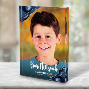 バー（ユダヤ教の）バル・ミツバーモダン台本ネイビーブルーアゲイト記念 フォトブロック