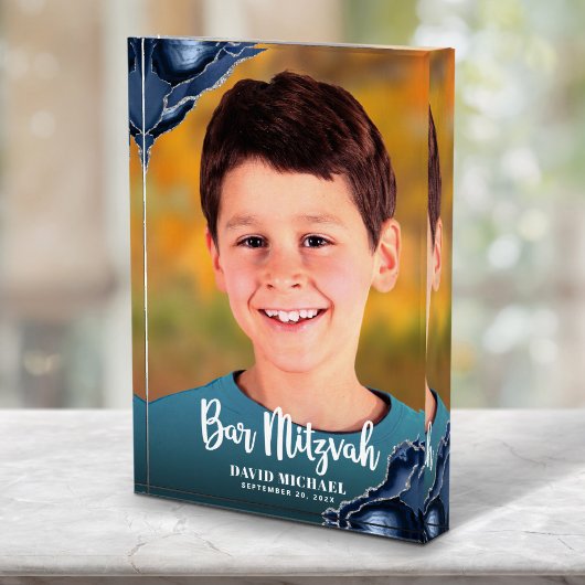 バー（ユダヤ教の）バル・ミツバーモダン台本ネイビーブルーアゲイト記念 フォトブロック