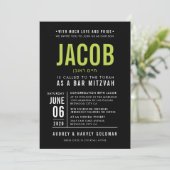 バー（ユダヤ教の）バル・ミツバーモダン型はっきりしたブラックライムグリーン 招待状 (スタンド正面)