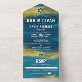 バー（ユダヤ教の）バル・ミツバーモダン型ターコイズ金箔 オールインワン招待状 (内側)