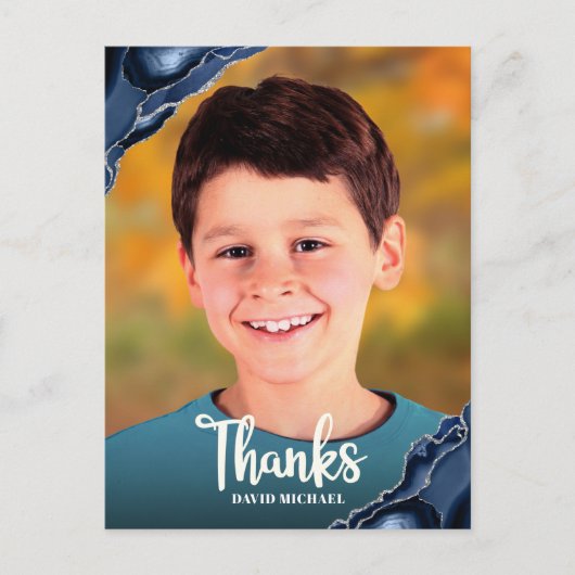 バー(ユダヤ教の)バル・ミツバー写真ネイビーBlue Agateスクリプトありがとう ポストカード (正面)