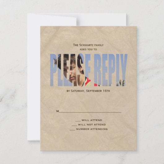 バー（ユダヤ教の）バル・ミツバー写真RSVP返信カードin Tan 出欠カード (正面)