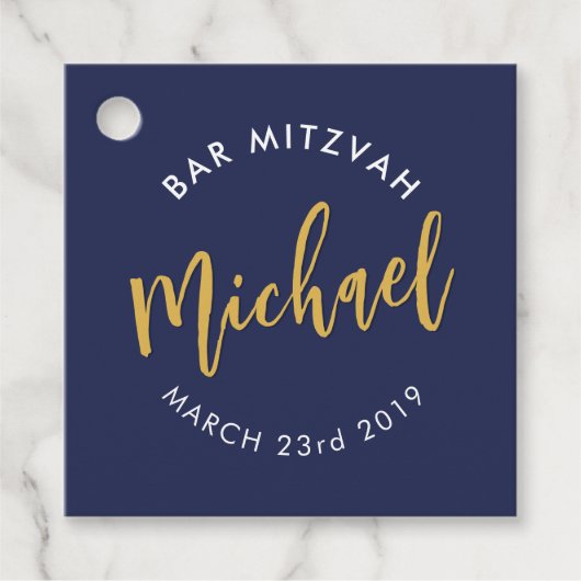 バー（ユダヤ教の）バル・ミツバー好意ネイビモダンー金ゴールド書道クラ フェイバータグ (正面)
