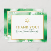 バー(ユダヤ教の)バル・ミツバー感謝していユー金ゴールドスターグリーンウォーター色 サンキューカード (正面/裏面)