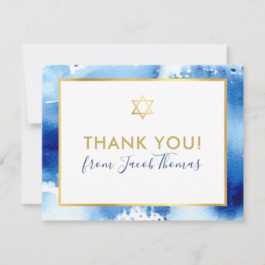 バー（ユダヤ教の）バル・ミツバー感謝していユー金ゴールドスターブルーウォーター色 サンキューカード (正面)