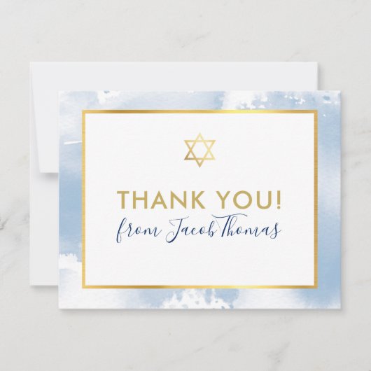 バー（ユダヤ教の）バル・ミツバー感謝していユー金ゴールドスターブルーウォーター色 サンキューカード (正面)
