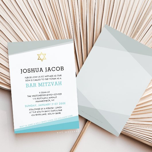 バー（ユダヤ教の）バル・ミツバー招待状クールモダンターコイズブルーグレー 招待状